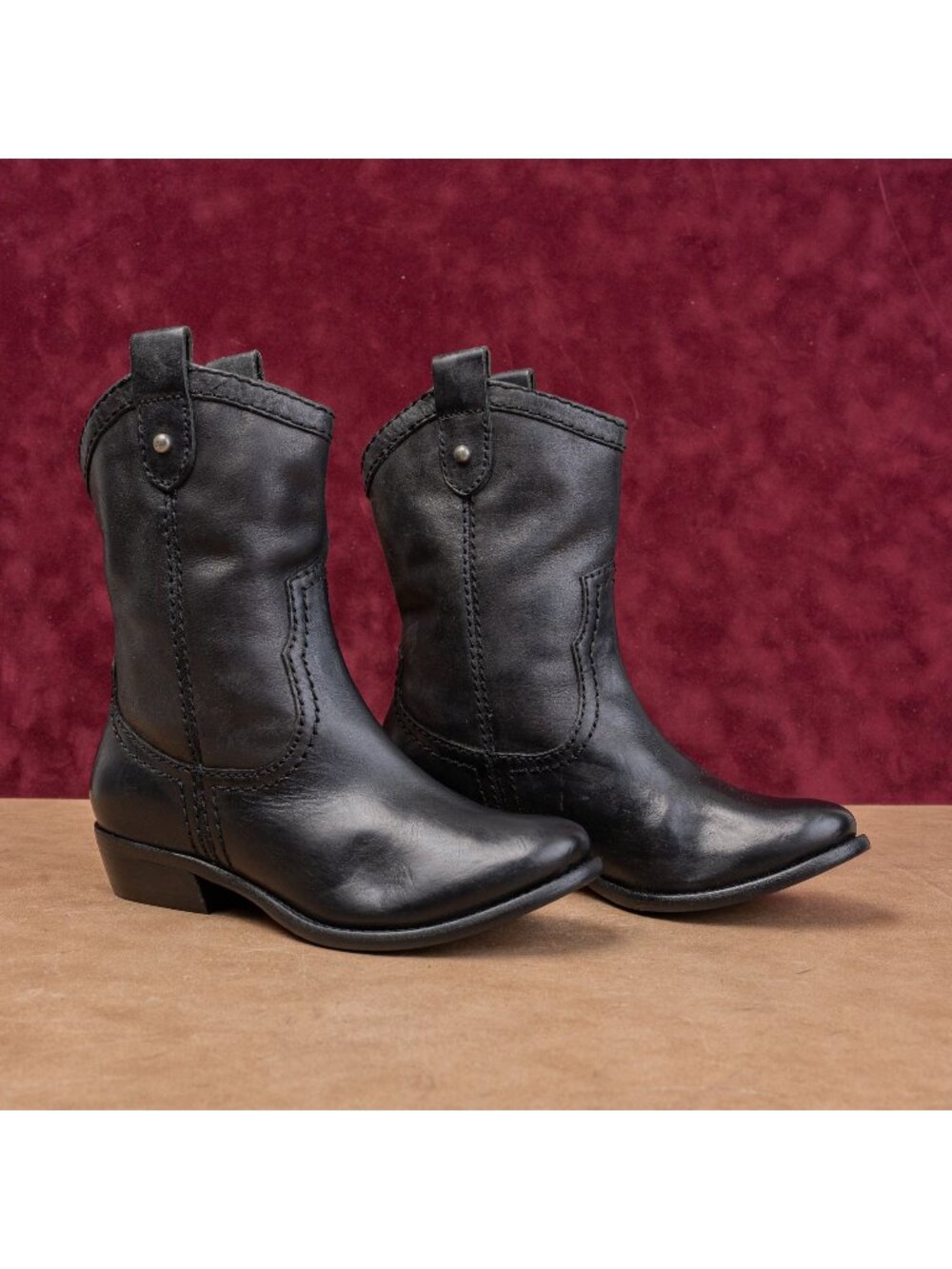 Fossil Women Black Leather Cowboy Western Festival Mid Calf Boots sz 5.5